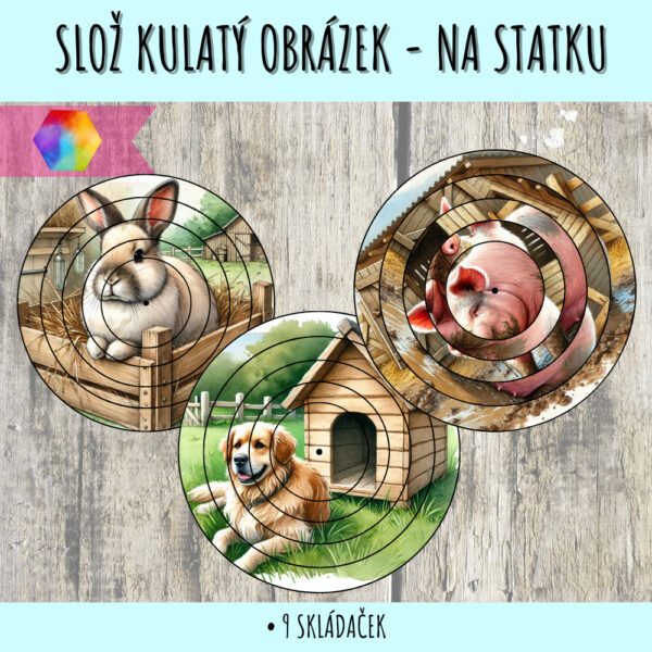 Slož obrázek zvířat na statku – kulaté puzzle 1 kulaté puzzle